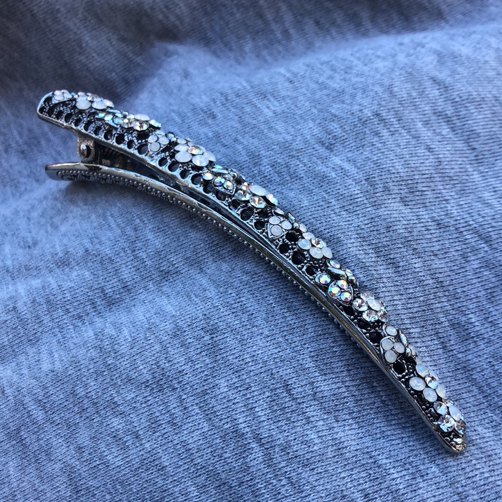 Silver hair clip with rhinestone butterflies and flowers